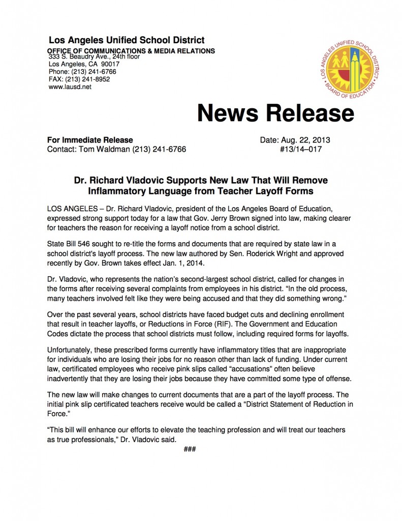 New CA Law Changes Language of Teacher RIF Notices | LA School Report