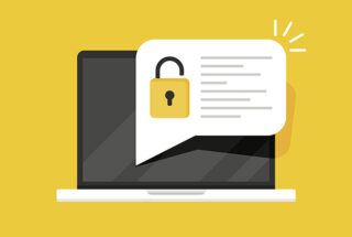 A yellow background with an image of a laptop computer; over the computer is an image of a text box and a padlock
