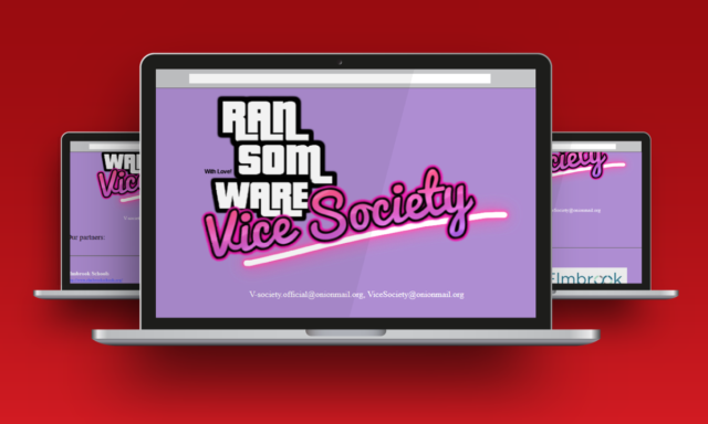 A screenshot of the Vice Society website, which says Ransomware Vice Society, shown on a laptop screen. 
