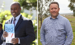 A photo of Tony Thurmond holding a book and a photo of Lance Christensen