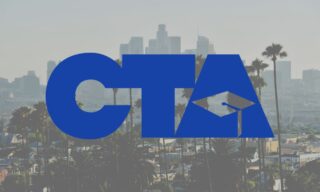 The CTA logo overlaid on a photo of the Los Angeles skyline
