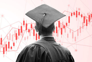 A conceptual image showing a graduate wearing a grad cap looking to the distance, the background is several charts and graphs indicating confusing data