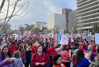 Teachers and support staff at a rally in Downtown Los Angeles