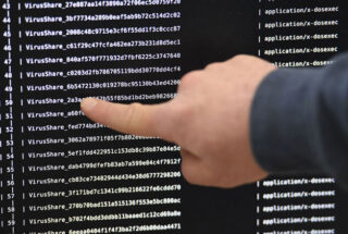 This photo shows a hand pointing to software viruses on a computer.